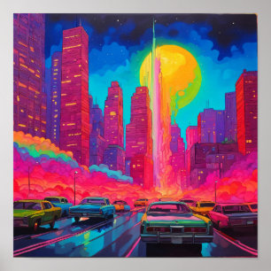 Psychedelisch Pink Blue City Cars Poster
