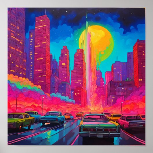 Psychedelisch Pink Blue City Cars Poster (Vorne)