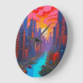 Psychedelisch Pink Cityscape mit Fluss Große Wanduhr (Winkel)