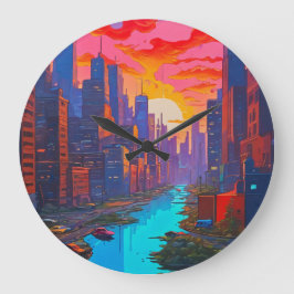 Psychedelisch Pink Cityscape mit Fluss Große Wanduhr