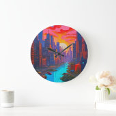 Psychedelisch Pink Cityscape mit Fluss Große Wanduhr (Zuhause)