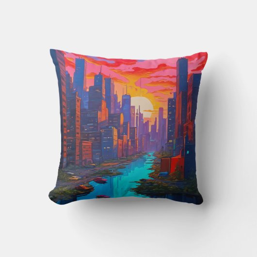 Psychedelisch Pink Cityscape mit Fluss Kissen (Vorderseite)