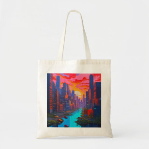 Psychedelisch Pink Cityscape mit Fluss Tragetasche
