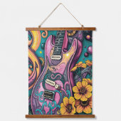Psychedelisch Pink Gitarre Gelbe Blumen Aquamarin  Wandteppich Mit Holzrahmen (Vorderseite)