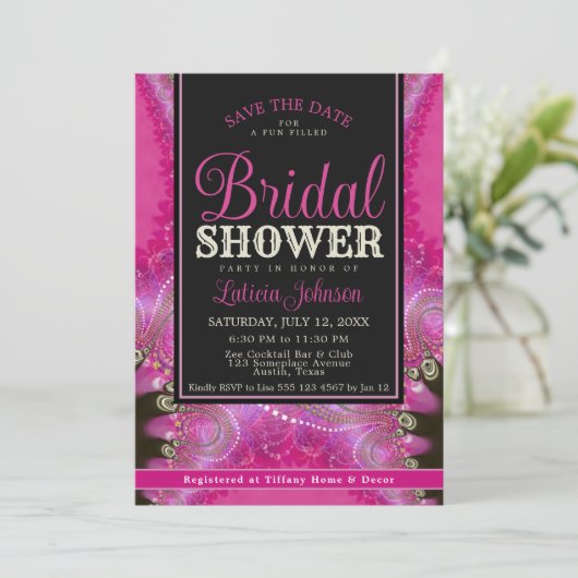 Psychedelisch Pink Swirl Fraktal Spitzen Brautpart Einladung (Stehend Vorderseite)