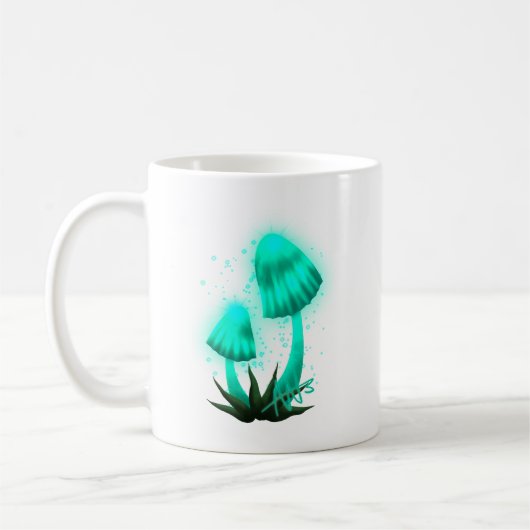 Psychedelisch Pixie Cap Glows Cyan Mushroom Kaffeetasse (Links)