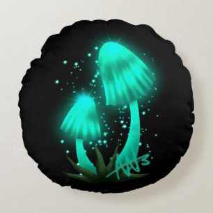 Psychedelisch Pixie Cap Glows Cyan Mushroom Rundes Kissen