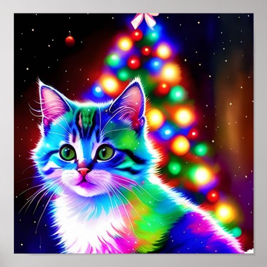 Psychedelisch Whimsical Christmas Kitten Gewartet Poster (Vorne)