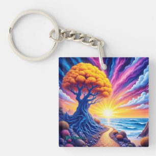 Psychedelische Baum Sonnenuntergang Surreal Landsc Schlüsselanhänger
