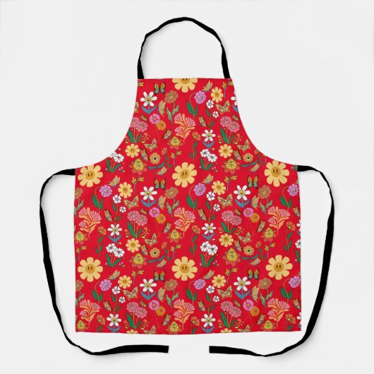 Psychedelische Blume Muster Retro Style Red BG Schürze (Vorderseite)