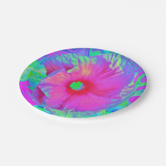 Psychedelische Blume Rosa und Roter Hibiskus Pappteller (Schrägansicht)