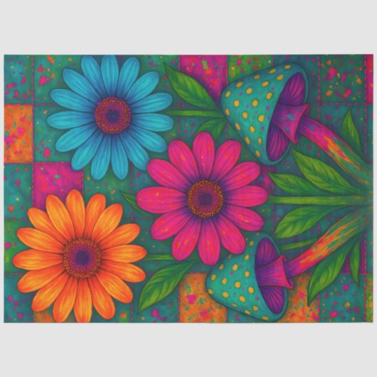 Psychedelische Blumen & Pilze Decoupage Seidenpapier (Vorderseite)