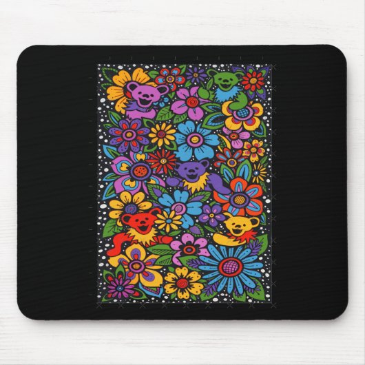 Psychedelische Blumen Tanzende Bären Farbige Dankb Mousepad (Vorne)