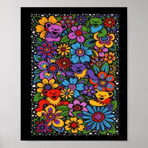 Psychedelische Blumen Tanzende Bären Farbige Dankb Poster
