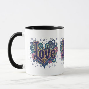 Psychedelische Boho-Liebes-Buchstaben mit floralem Tasse