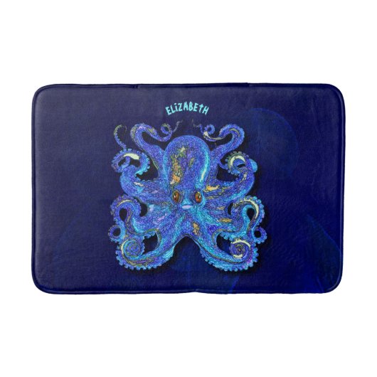 Psychedelische bunte blaue Krake mit Brown-Augen Badematte (Vorderseite)