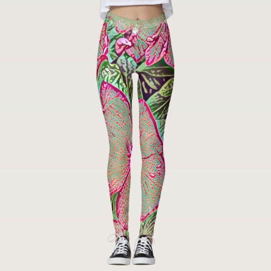 Psychedelische Caladium-Blatt-Botanik-Print-Leggin Leggings (Vorderseite)