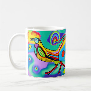 Psychedelische Cockerel: farbenfroher gestreibende Kaffeetasse