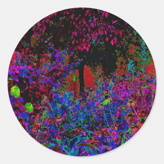 Psychedelische Crimson Red and Black Garden Sunris Runder Aufkleber (Vorderseite)