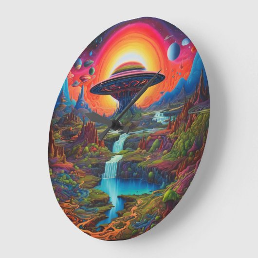 Psychedelische Dreamscape-Alien Große Wanduhr (Winkel)