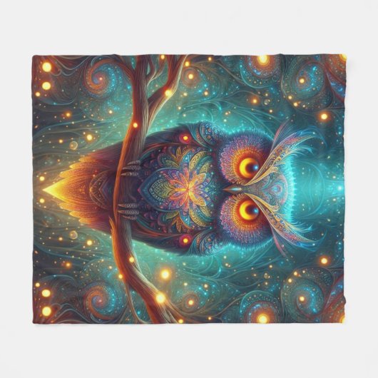 Psychedelische Eule in einem Kosmischen Wald Fleecedecke (Vorderseite (Horizontal))