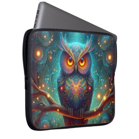 Psychedelische Eule in einem Kosmischen Wald Laptopschutzhülle (Vorne Rechts)