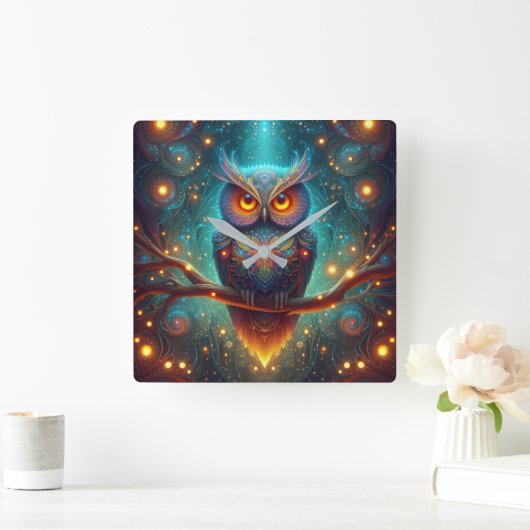 Psychedelische Eule in einem Kosmischen Wald Quadratische Wanduhr (Zuhause)