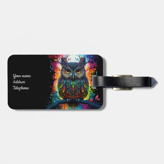Psychedelische Fantasie Hippy Owl Gepäckanhänger (Rückseite horizontal)