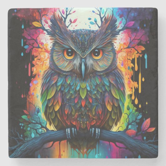 Psychedelische Fantasie Hippy Owl Steinuntersetzer (Vorderseite)