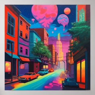 Psychedelische, farbenfrohe City Drippy Art Poster