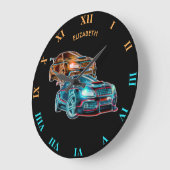 Psychedelische futuristische Sportwagen, die Neon Große Wanduhr (Winkel)