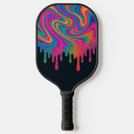 Psychedelische Glitterie Neon Tropfen Pickleball P Schläger (Vorderseite)