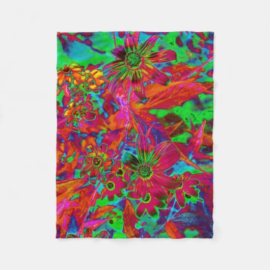 Psychedelische Groovy Rot und Grüne Wildblumen Fleecedecke (Vorderseite)