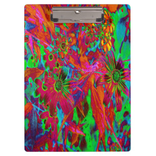 Psychedelische Groovy Rot und Grüne Wildblumen Klemmbrett