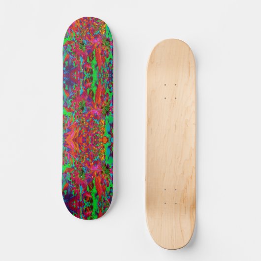 Psychedelische Groovy Rot und Grüne Wildblumen Skateboard (Vorderseite)