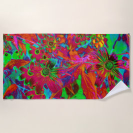 Psychedelische Groovy Rot und Grüne Wildblumen Strandtuch