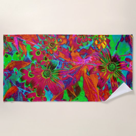 Psychedelische Groovy Rot und Grüne Wildblumen Strandtuch (Vorderseite)