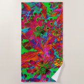 Psychedelische Groovy Rot und Grüne Wildblumen Strandtuch (Vorderseite)