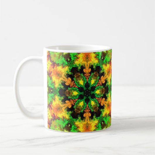 Psychedelische Hippie Blume Grün Orange und Gelb Kaffeetasse (Links)
