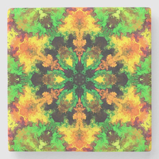 Psychedelische Hippie Blume Grün Orange und Gelb Steinuntersetzer (Vorderseite)