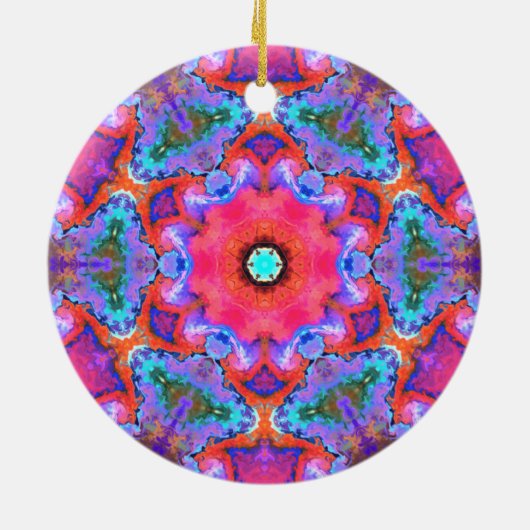 Psychedelische Hippie-Blume Rosa Blau und Orange Keramik Ornament (Hinten)