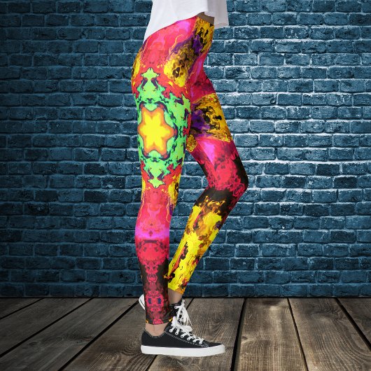 Psychedelische Hippie-Blume Rosa Gelb und Grün Leggings