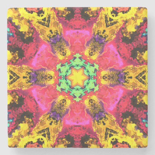 Psychedelische Hippie-Blume Rosa Gelb und Grün Steinuntersetzer (Vorderseite)