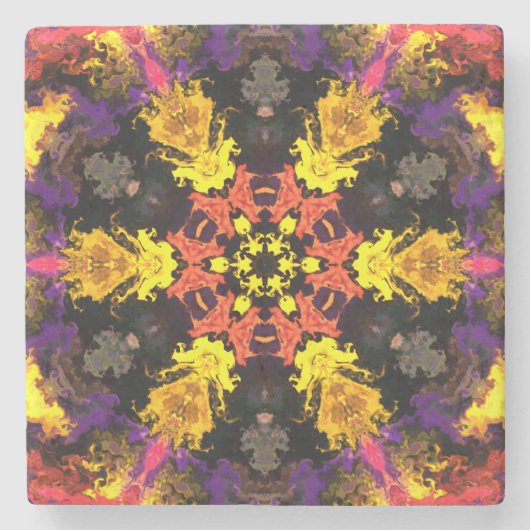 Psychedelische Hippie-Blume Rot Gelb und Lila Steinuntersetzer (Vorderseite)