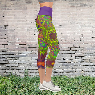 Psychedelische Hippie-Gelborange und Lila Leggin Capri Leggings