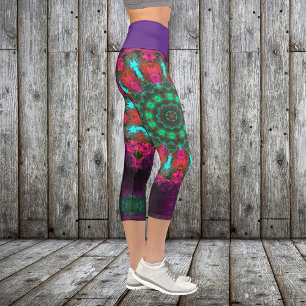 Psychedelische Hippie Lila Pink und Aquamarine Leg Capri Leggings