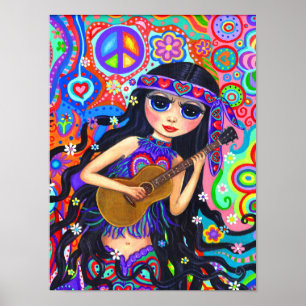 Psychedelische Hippie Mermaid Girl mit Gitarrenfri Poster