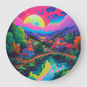 Psychedelische japanische Landschaftskunst Große Wanduhr