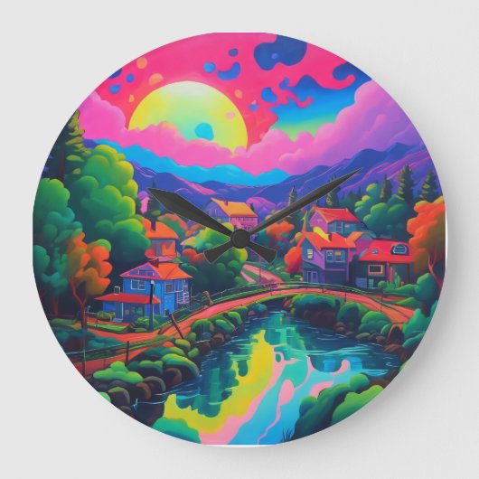 Psychedelische japanische Landschaftskunst Große Wanduhr (Vorderseite)