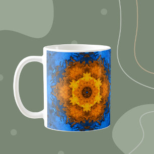 Psychedelische Kaleidoskop-Blume Gelb und Blau Kaffeetasse